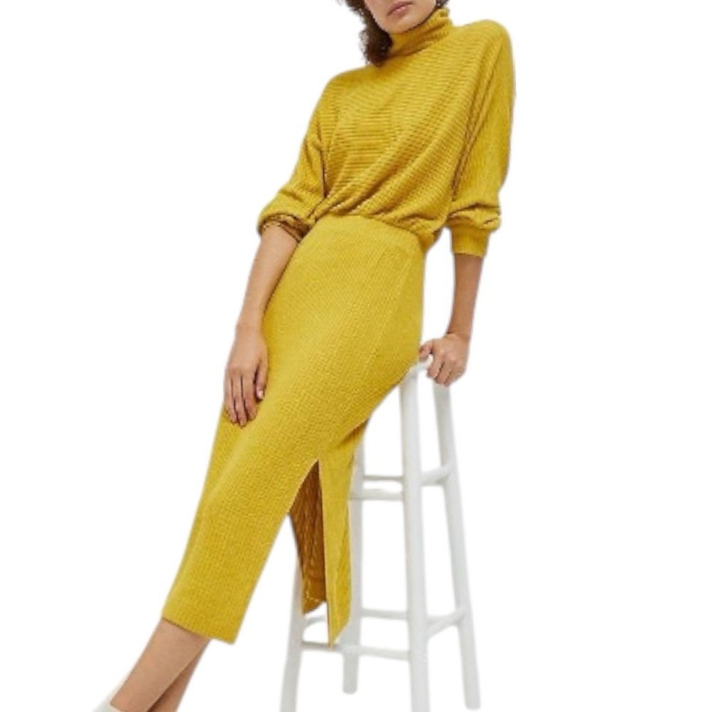 Anthropologie Saturday Sunday Yellow Ribbed Turtleneck Midi Dress Women's L